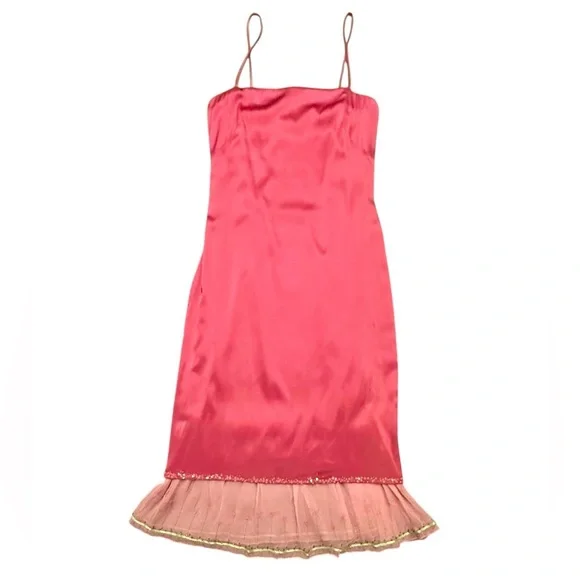 Vintage Y2K Pink Silk Midi Spaghetti Strap Dress with Ruffle Hem Size 4/Small - Picture 1 of 9